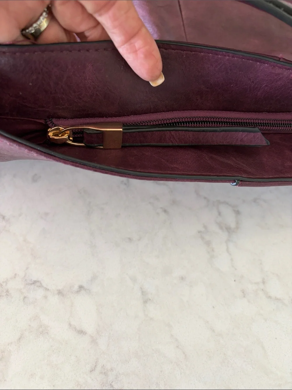 Large Burgundy leather bag with red and green accents
